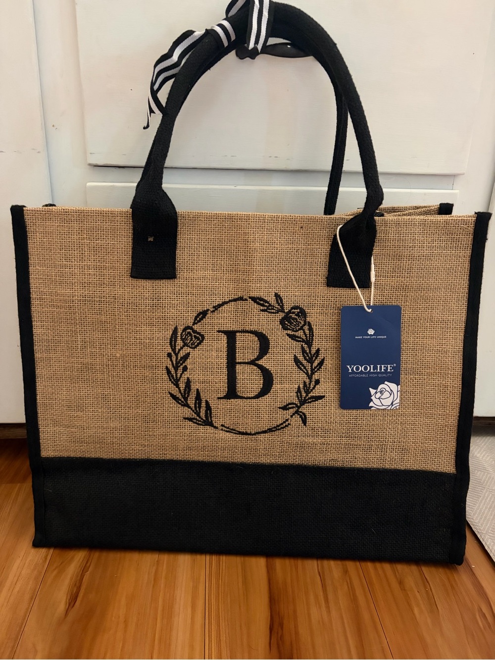 Black and Natural Jute Tote Bag - Monogram B